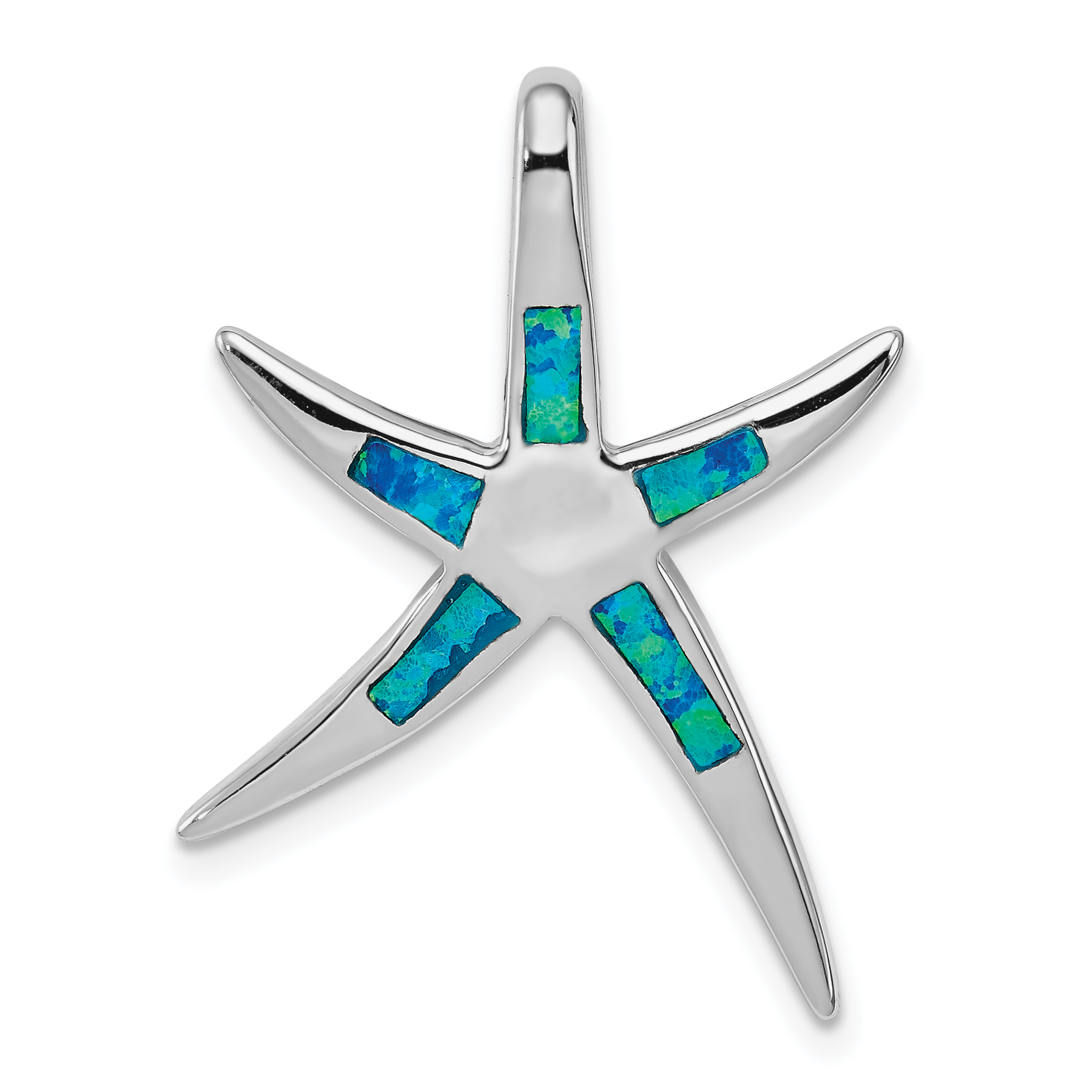 Sterling Silver Rhodium-plated Created Blue Opal Inlay Flat Starfish Slide (QP1895)