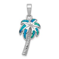 Sterling Silver Rhodium-plated Created Blue Opal Inlay Palm Tree Pendant view 1