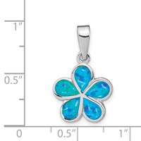 Sterling Silver Rhodium-plated Created Blue Inlay Opal Flower Pendant view 3
