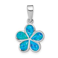 Sterling Silver Rhodium-plated Created Blue Inlay Opal Flower Pendant view 1