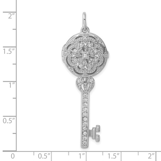 Sterling Silver Rhodium-plated CZ Filigree Locket Key Pendant