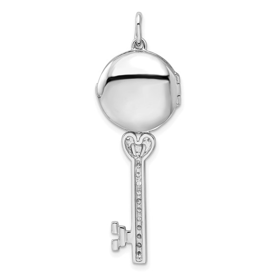 Sterling Silver Rhodium-plated CZ Filigree Enameled Top Key Locket Pendant