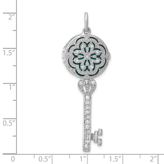 Sterling Silver Rhodium-plated CZ Filigree Enameled Top Key Locket Pendant