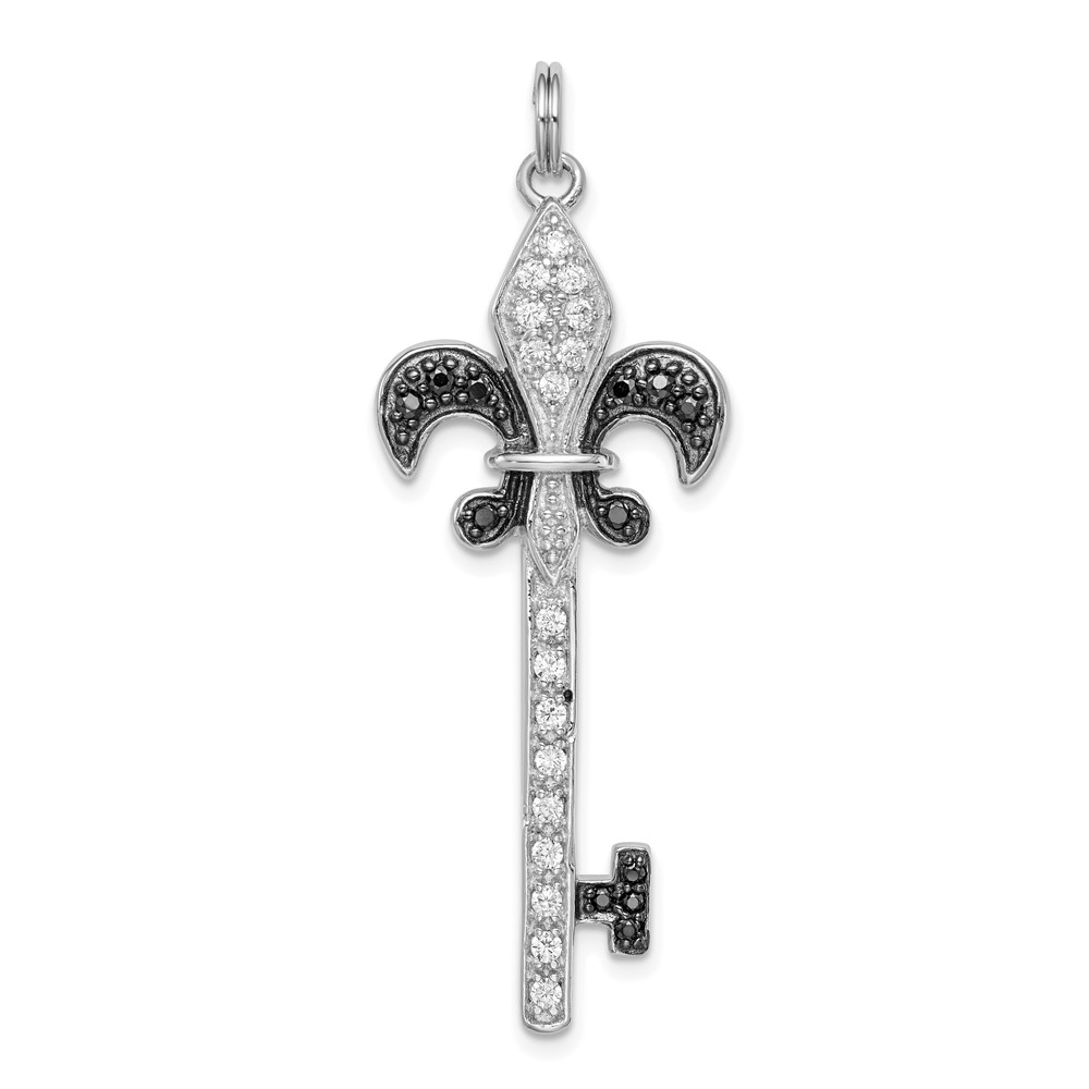 Sterling Silver Rhodium-plated Black and White CZ Fleur De Lis Key Pendant
