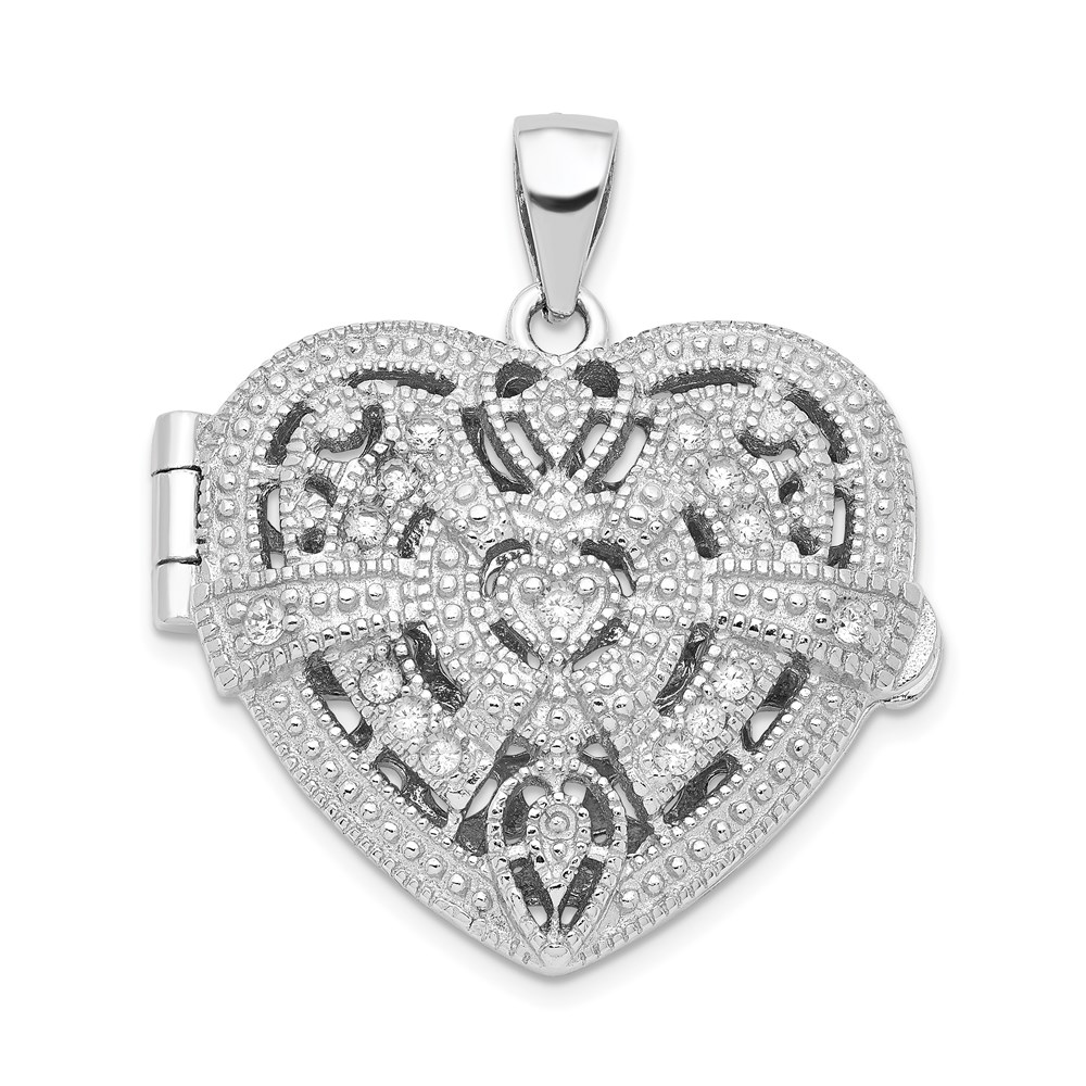 Sterling Silver Rhodium-plated CZ Fancy Design Heart 22mm Locket Pendant