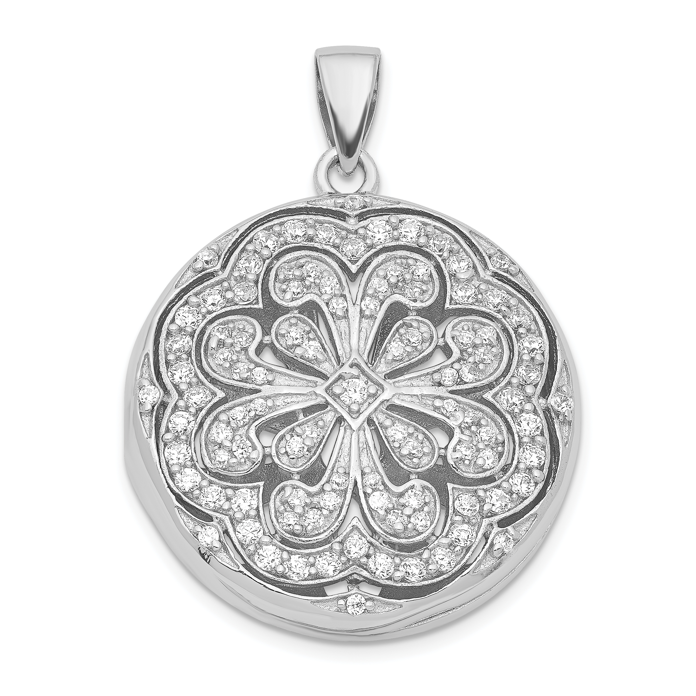 Sterling Silver Rhodium-plated CZ Flower Design 22mm Locket Pendant (QP2049)