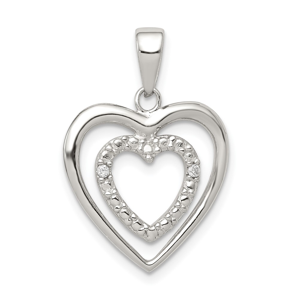 Sterling Silver Rhodium Plated Polished and CZ Double Heart Pendant