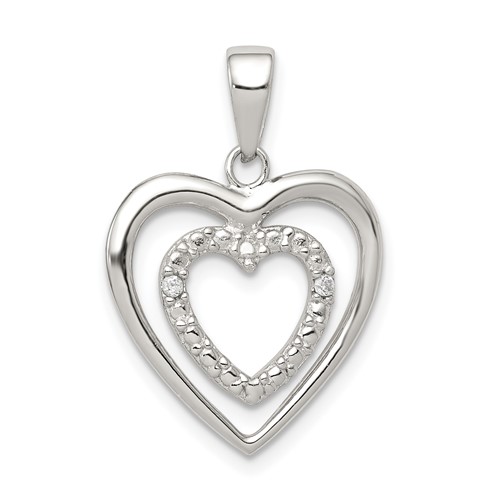 Sterling Silver Rhodium Plated Polished and CZ Double Heart Pendant