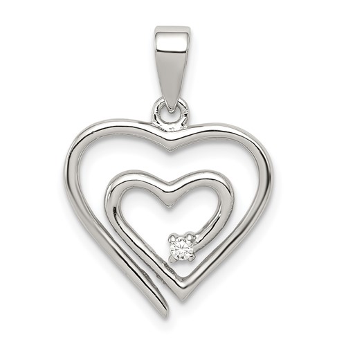 Sterling Silver Rhodium-plated Single CZ Fancy Double Heart Pendant