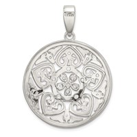 Sterling Silver Rhodium-plated Pave CZ Floral Design Circle Pendant view 4