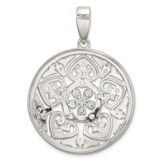 Sterling Silver Rhodium-plated Pave CZ Floral Design Circle Pendant