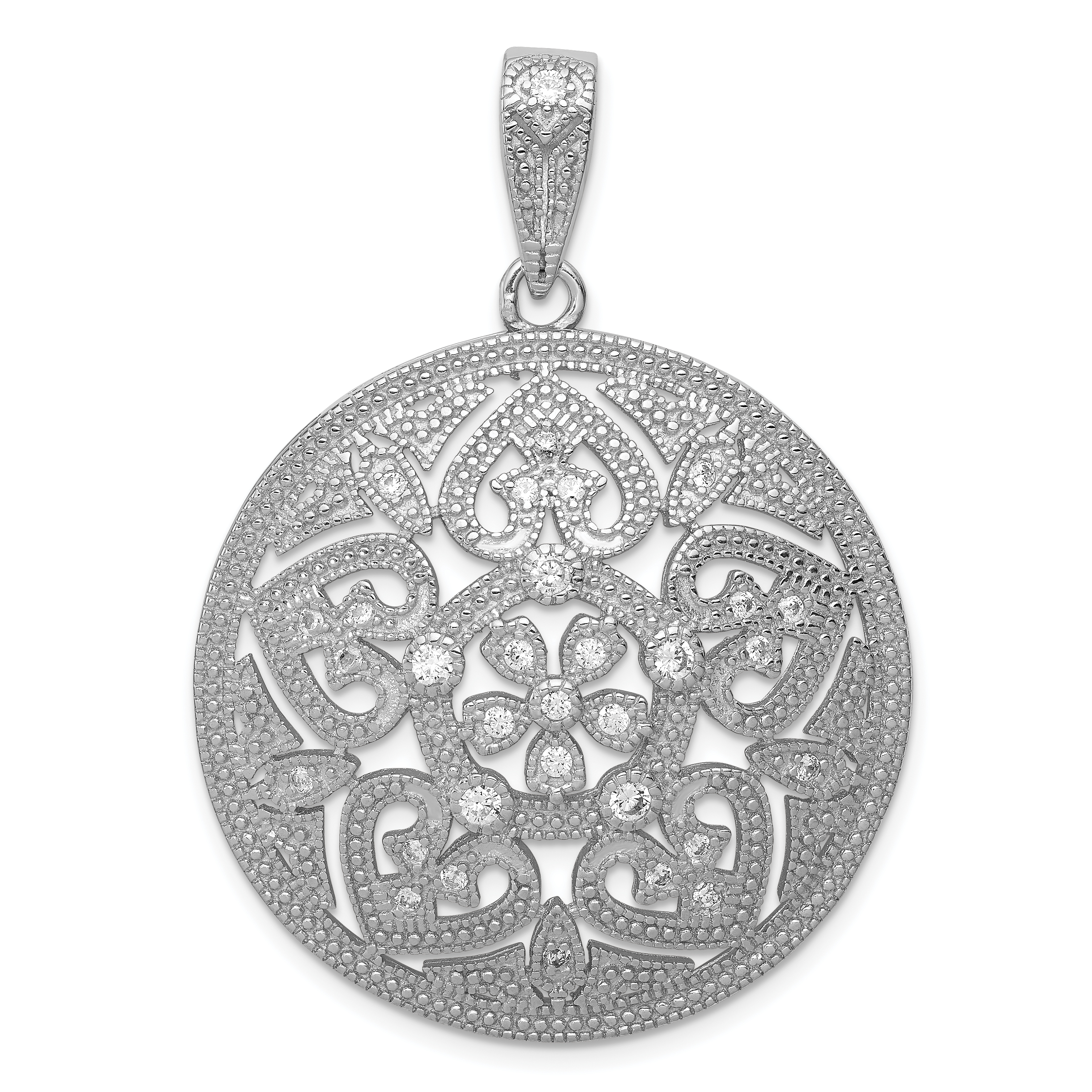 Sterling Silver Rhodium-plated Pave CZ Floral Design Circle Pendant (QP2063)