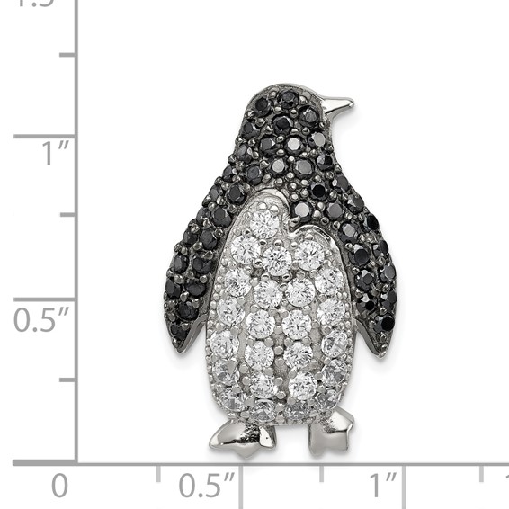 Sterling Silver Rhodium-plated Black & White CZ Penguin Chain Slide