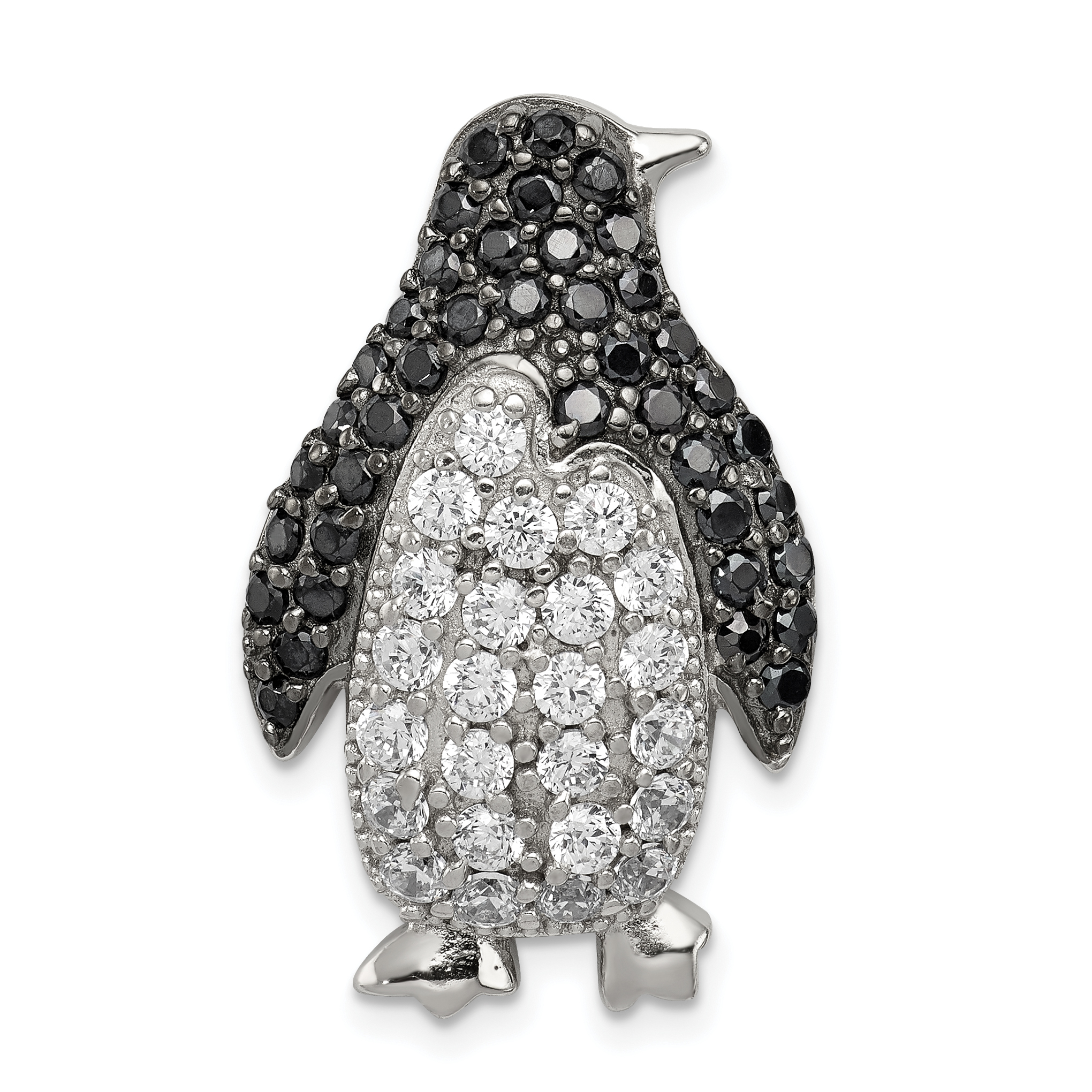 Sterling Silver Rhodium-plated Black & White CZ Penguin Chain Slide (QP2106)