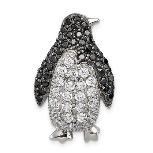 Sterling Silver Rhodium-plated Black & White CZ Penguin Chain Slide