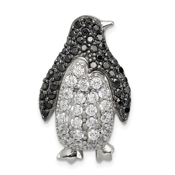 Sterling Silver Rhodium-plated Black & White CZ Penguin Chain Slide