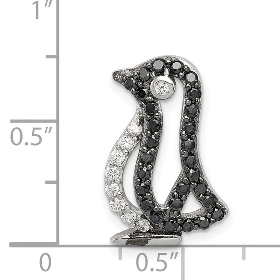 Sterling Silver Rhodium-plated Black and White CZ Penguin Chain Slide