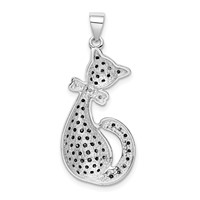 Sterling Silver Rhodium-plated Black & White CZ Cat Pendant with Bow view 4