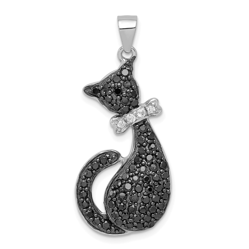 Sterling Silver Rhodium-plated Black & White CZ Cat Pendant with Bow