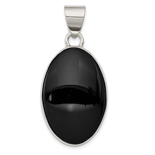 Sterling Silver Rhodium-plated Polished Oval Onyx Cabochon Pendant