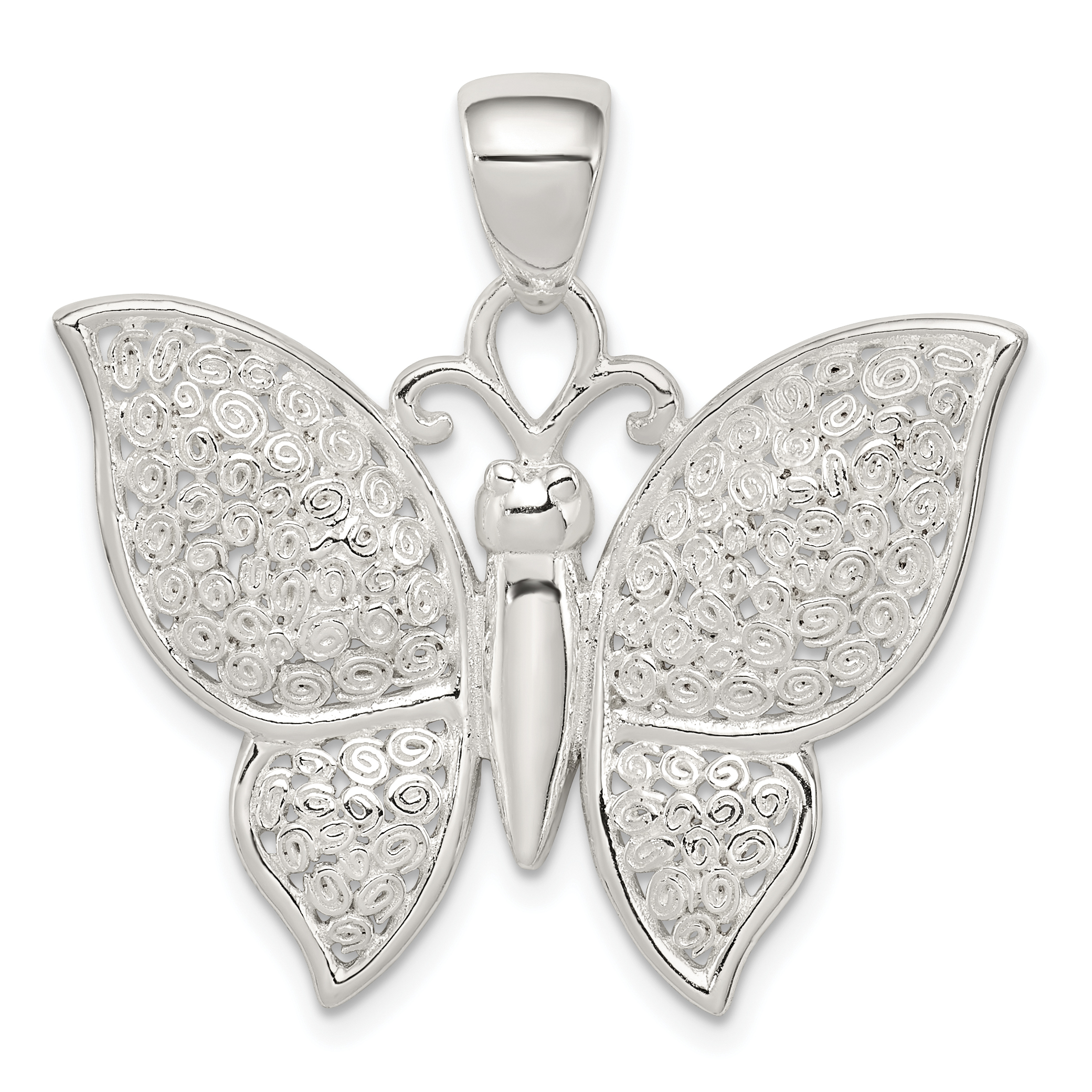 Sterling Silver Rhodium-plated Polished/Textured Butterfly Pendant (QP2139)