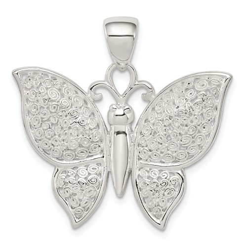 Sterling Silver Rhodium-plated Polished Textured Butterfly Pendant