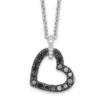White Night Sterling Silver Rhodium-plated Black and White Diamond Heart Necklace with Extender, 2" view 1