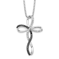 White Night Sterling Silver Rhodium-plated Black and White Diamond Cross Necklace with 2 Inch Extender, 18" view 1