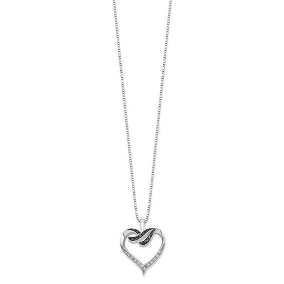 White Night Sterling Silver Rhodium-plated Black and White Diamond Heart 18 Inch Necklace with 2 Inch Extender