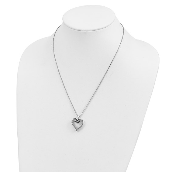 White Night Sterling Silver Rhodium-plated Black and White Diamond Heart 18 Inch Necklace with 2 Inch Extender