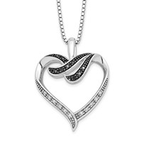 White Night Sterling Silver Rhodium-plated Black and White Diamond Heart Necklace with 2 Inch Extender, 18" view 1