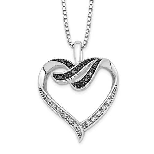 White Night Sterling Silver Rhodium-plated Black and White Diamond Heart Necklace with 2 Inch Extender, 18"