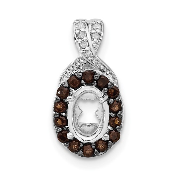 Sterling Silver Diamond/Smoky Quartz Semi-mount Oval Gemstone Pendant