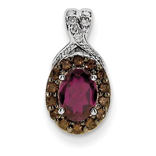 Sterling Silver Rhodium Rhodolite Garnet & Smoky Qrtz & Diam. Pendant