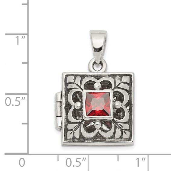 Sterling Silver Rhod-plated Polished/Antiqued Garnet Square 16mm Locket