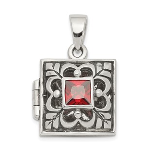 Sterling Silver Rhod-plated Polished/Antiqued Garnet Square 16mm Locket