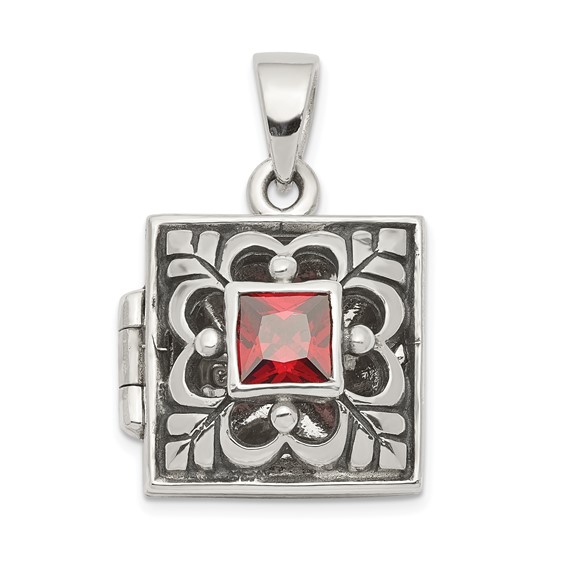 Sterling Silver Rhod-plated Polished/Antiqued Garnet Square 16mm Locket
