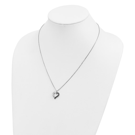 White Night Sterling Silver Rhodium-plated Black and White Diamond Heart 18 Inch Necklace with 2 Inch Extender