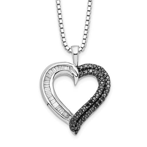 White Night Sterling Silver Rhodium-plated Black and White Diamond Heart Necklace with 2 Inch Extender, 18"