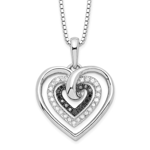 White Night Sterling Silver Rhodium-plated Black and White Diamond Triple Heart Necklace with 2 Inch Extender, 18"