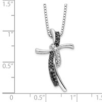 White Night Sterling Silver Rhodium-plated Black and White Diamond Cross Necklace with 2 Inch Extender, 18" view 3
