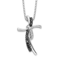 White Night Sterling Silver Rhodium-plated Black and White Diamond Cross Necklace with 2 Inch Extender, 18" view 1