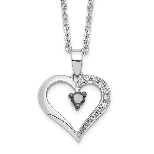 White Night Sterling Silver Rhodium-plated Black and White Diamond Heart Necklace with 2 Inch Extender, 18"