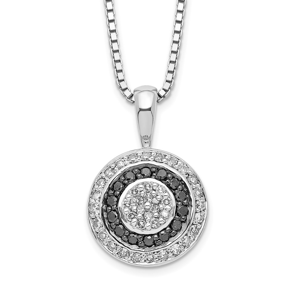 White Night Sterling Silver Rhodium-plated Black and White Diamond Circle Pendant Necklace with 2 Inch Extender, 18"