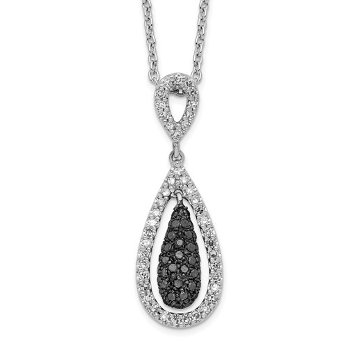 White Night Sterling Silver Rhodium-plated Black and White Diamond Double Teardrop Necklace with 2 Inch Extender, 18"