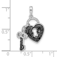 White Night Sterling Silver Rhodium-plated Black and White Diamond Heart and Key Necklace with 2 Inch Extender, 18" view 3