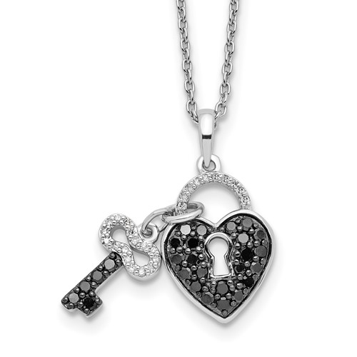 White Night Sterling Silver Rhodium-plated Black and White Diamond Heart and Key Necklace with 2 Inch Extender, 18"