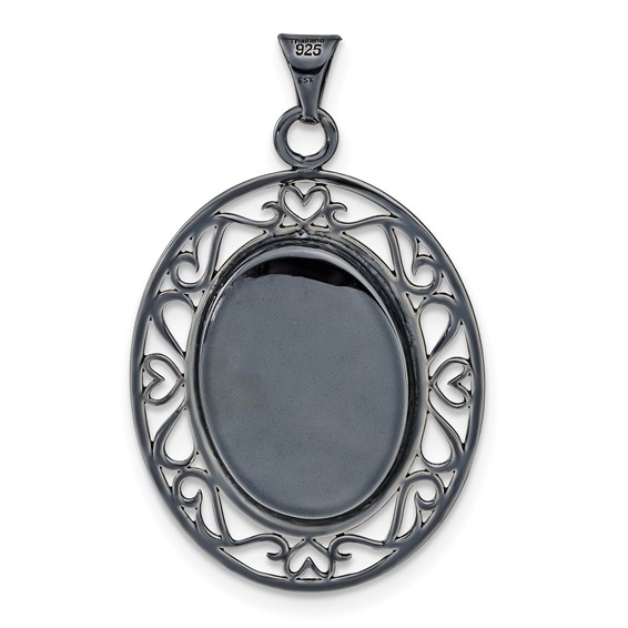 Sterling Silver Black Ceramic White Crystal Oval Pendant