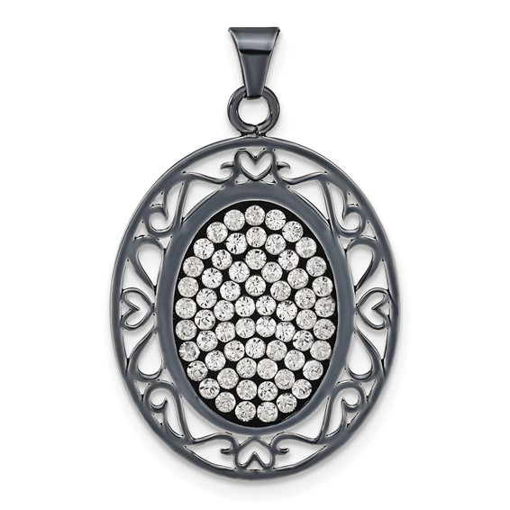 Sterling Silver Black Ceramic White Crystal Oval Pendant