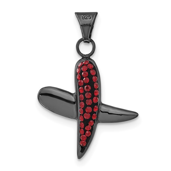 Sterling Silver Black Ceramic Red Crystal X Pendant